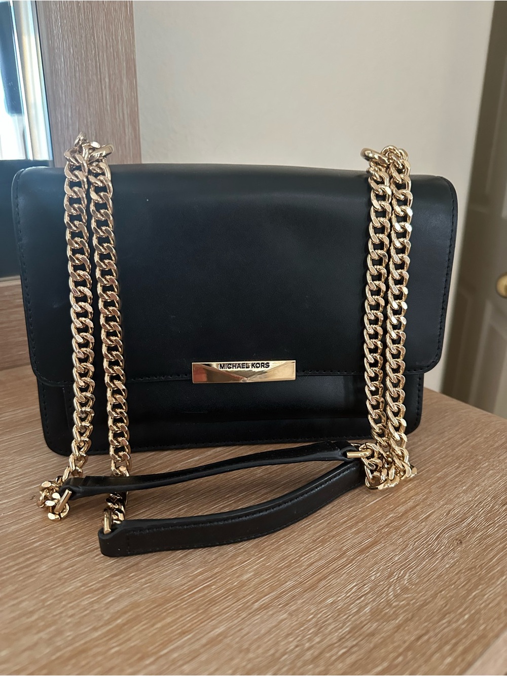 Michael Kors Black Leather Chain Crossbody with Gold Hardware